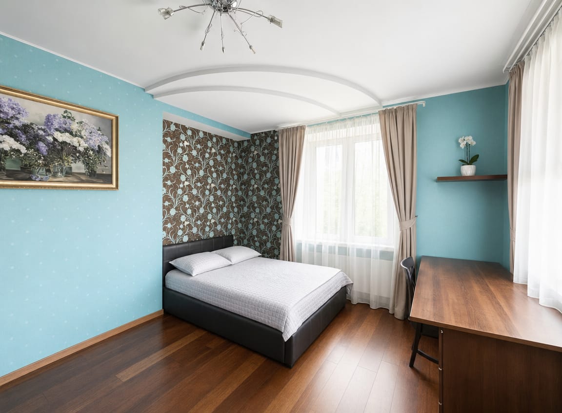 After: Bedroom — styling, curtain swap, staging